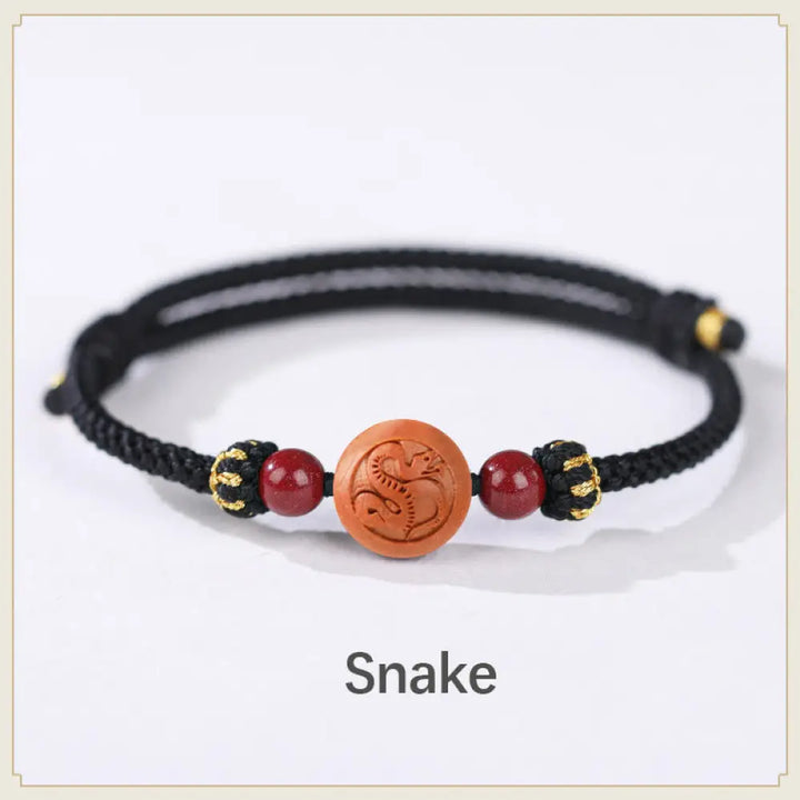 BWOOOH Natural Peach Wood Chinese Zodiac Fu Character Carved Cinnabar Wealth Bracelet - Snake-Black(Wrist