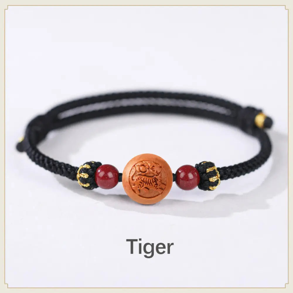 BWOOOH Natural Peach Wood Chinese Zodiac Fu Character Carved Cinnabar Wealth Bracelet - Tiger-Black(Wrist