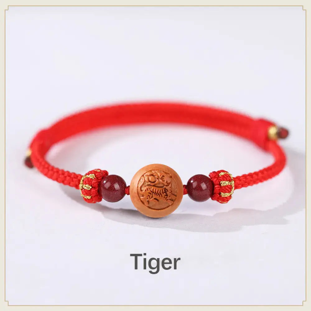 BWOOOH Natural Peach Wood Chinese Zodiac Fu Character Carved Cinnabar Wealth Bracelet - Tiger-Red(Wrist