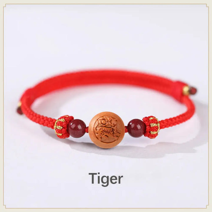 BWOOOH Natural Peach Wood Chinese Zodiac Fu Character Carved Cinnabar Wealth Bracelet - Tiger-Red(Wrist
