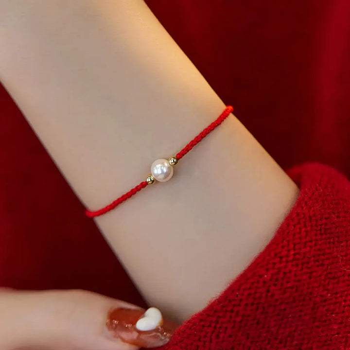 Buddha Stones Natural Pearl Bead Luck Braid String Bracelet - BWOOOH - Red(Wrist Circumference 14-19cm) - Bracelet