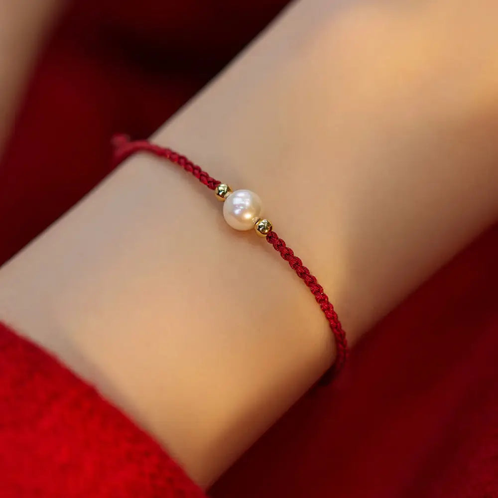 Buddha Stones Natural Pearl Bead Luck Braid String Bracelet - BWOOOH - Wine Red(Wrist Circumference 14-19cm) - Bracelet