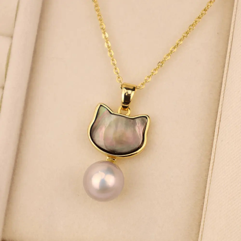 Buddha Stones Natural Pearl Copper Cat Healing Necklace Pendant Earrings - BWOOOH - Black-Necklace(Necklace Length: