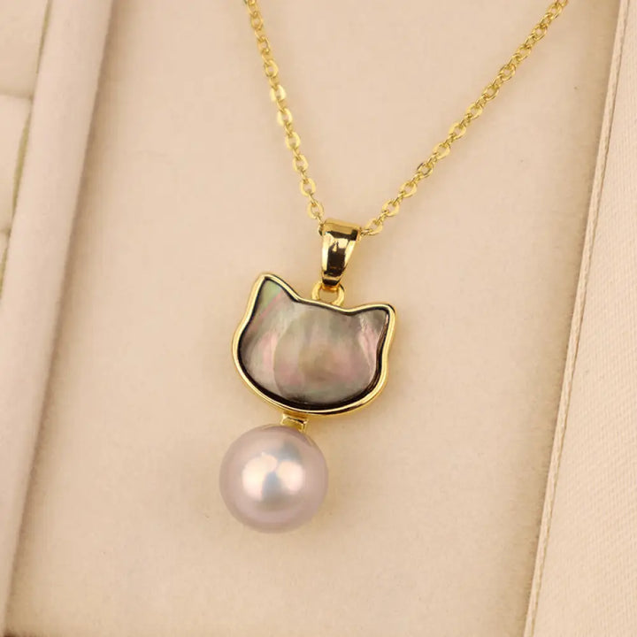 Buddha Stones Natural Pearl Copper Cat Healing Necklace Pendant Earrings - BWOOOH - Black-Necklace(Necklace Length:
