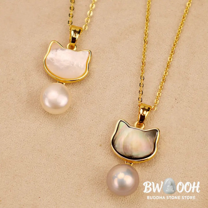 Buddha Stones Natural Pearl Copper Cat Healing Necklace Pendant Earrings - BWOOOH - Bracelet Necklaces &amp; Pendants