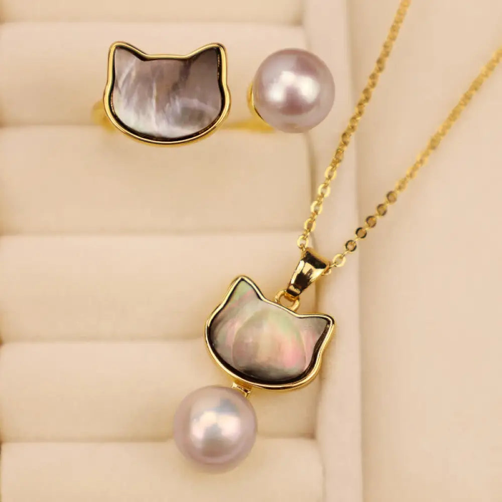 Buddha Stones Natural Pearl Copper Cat Healing Necklace Pendant Earrings - BWOOOH - Bracelet Necklaces & Pendants