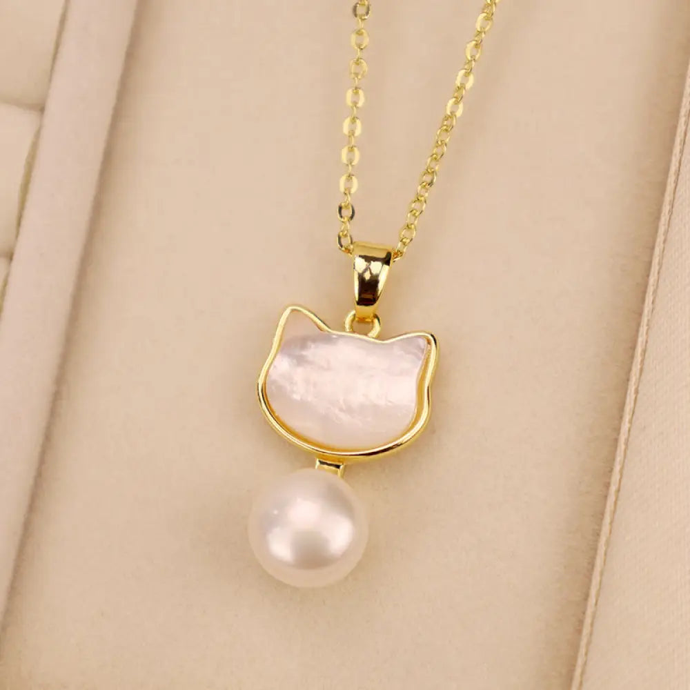 Buddha Stones Natural Pearl Copper Cat Healing Necklace Pendant Earrings - BWOOOH - White-Necklace(Necklace Length:
