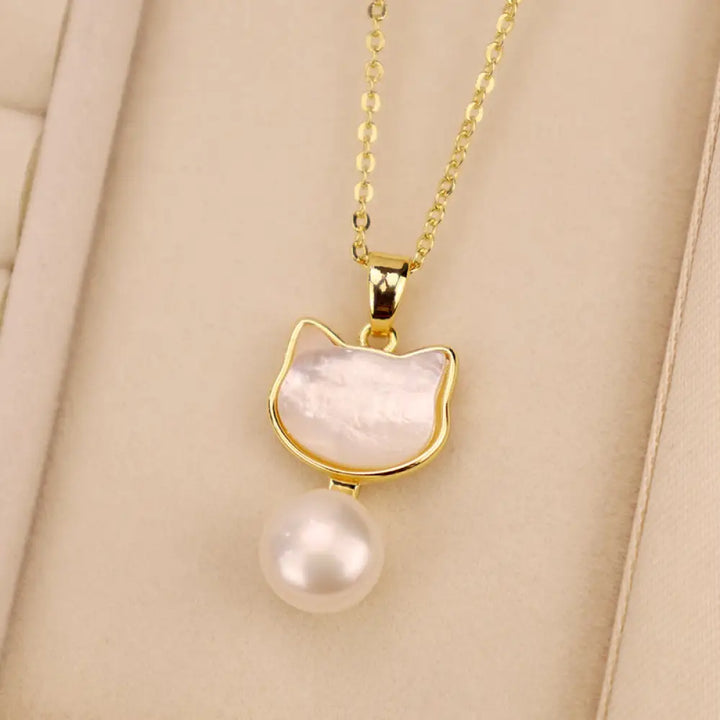 Buddha Stones Natural Pearl Copper Cat Healing Necklace Pendant Earrings - BWOOOH - White-Necklace(Necklace Length: