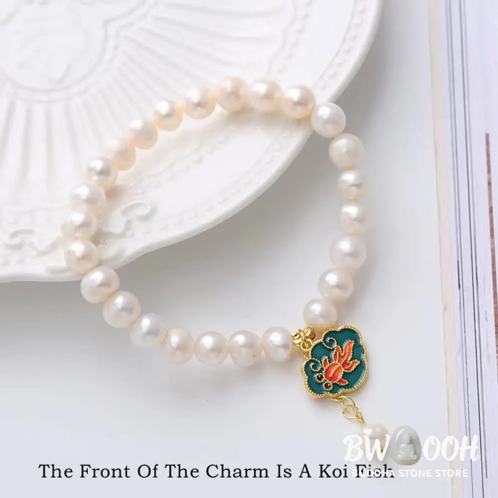 Buddha Stones Natural Pearl Lotus Koi Fish Goldfish Optimism Charm Bracelet - BWOOOH - Pearl(Healing♥Wisdom) - Bracelet