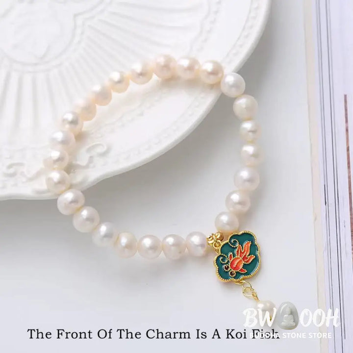 Buddha Stones Natural Pearl Lotus Koi Fish Goldfish Optimism Charm Bracelet - BWOOOH - Pearl(Healing♥Wisdom) - Bracelet