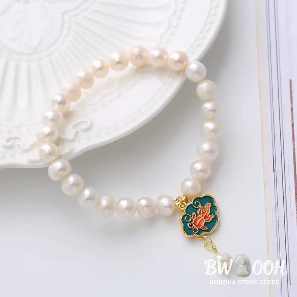 Buddha Stones Natural Pearl Lotus Koi Fish Goldfish Optimism Charm Bracelet - BWOOOH - Pearl(Healing♥Wisdom) - Bracelet