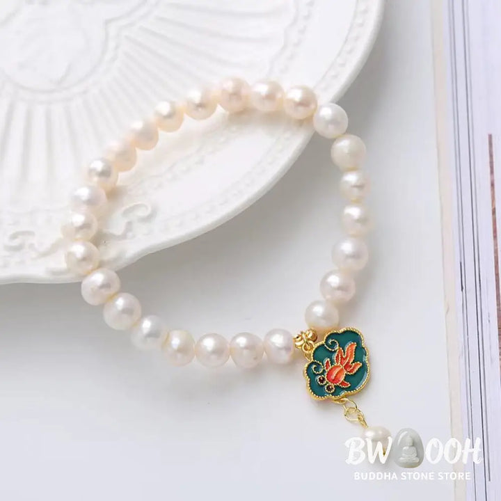 Buddha Stones Natural Pearl Lotus Koi Fish Goldfish Optimism Charm Bracelet - BWOOOH - Pearl(Healing♥Wisdom) - Bracelet