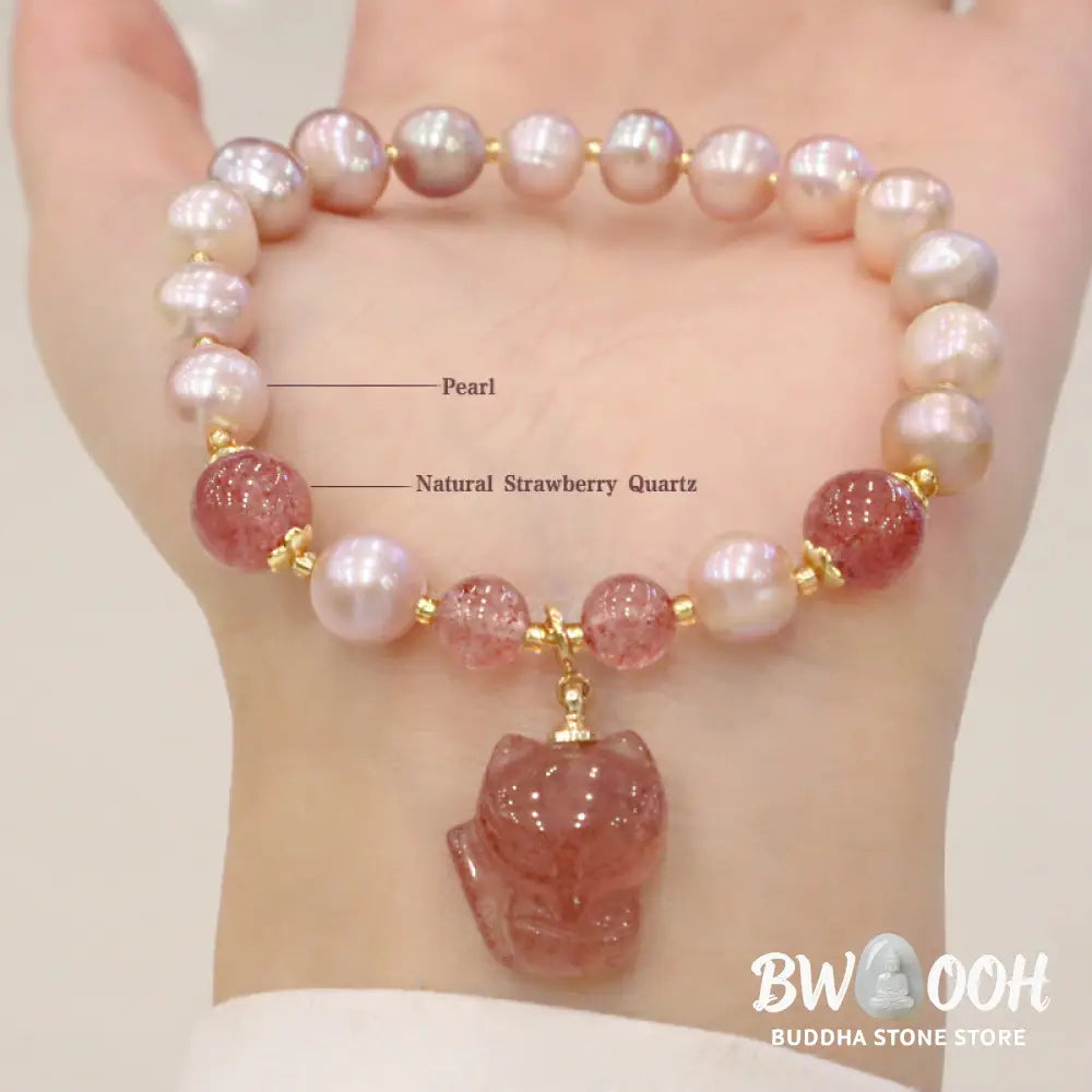 BWOOOH Natural Pearl Strawberry Quartz Cute Fox Love Healing Charm Bracelet - Pearl&amp;Strawberry Quartz - Bracelet