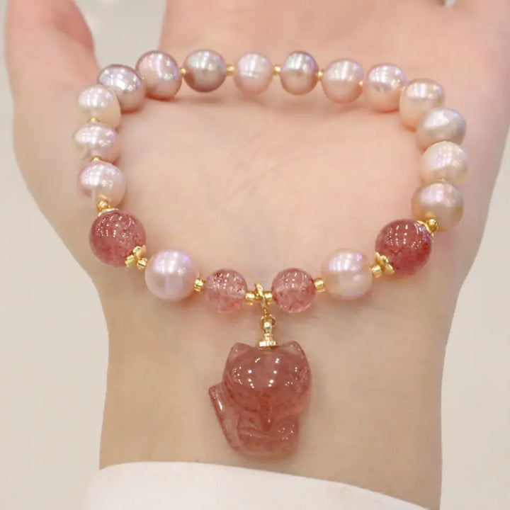 BWOOOH Natural Pearl Strawberry Quartz Cute Fox Love Healing Charm Bracelet - Pearl&amp;Strawberry Quartz - Bracelet