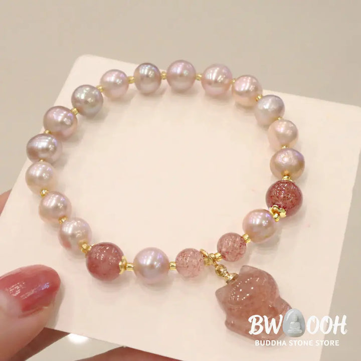 BWOOOH Natural Pearl Strawberry Quartz Cute Fox Love Healing Charm Bracelet - Pearl&amp;Strawberry Quartz - Bracelet