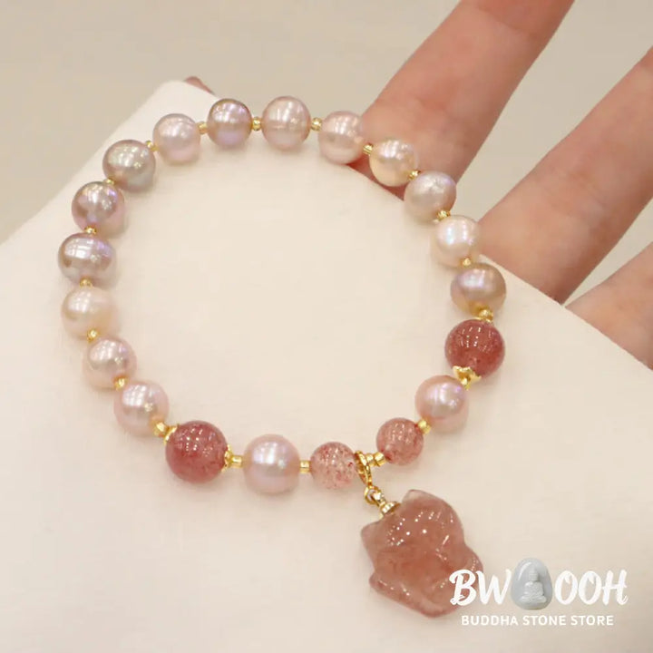 BWOOOH Natural Pearl Strawberry Quartz Cute Fox Love Healing Charm Bracelet - Pearl&amp;Strawberry Quartz - Bracelet