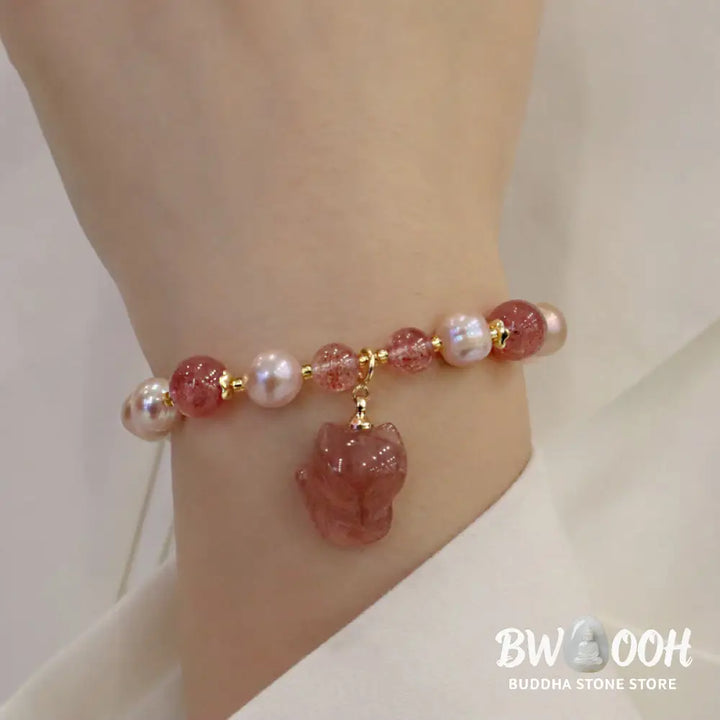 BWOOOH Natural Pearl Strawberry Quartz Cute Fox Love Healing Charm Bracelet - Pearl&amp;Strawberry Quartz - Bracelet