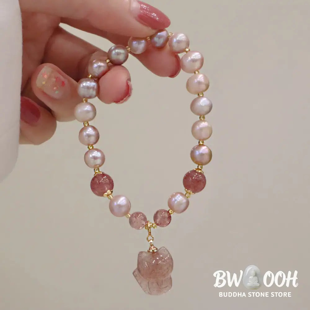 BWOOOH Natural Pearl Strawberry Quartz Cute Fox Love Healing Charm Bracelet - Pearl&amp;Strawberry Quartz - Bracelet
