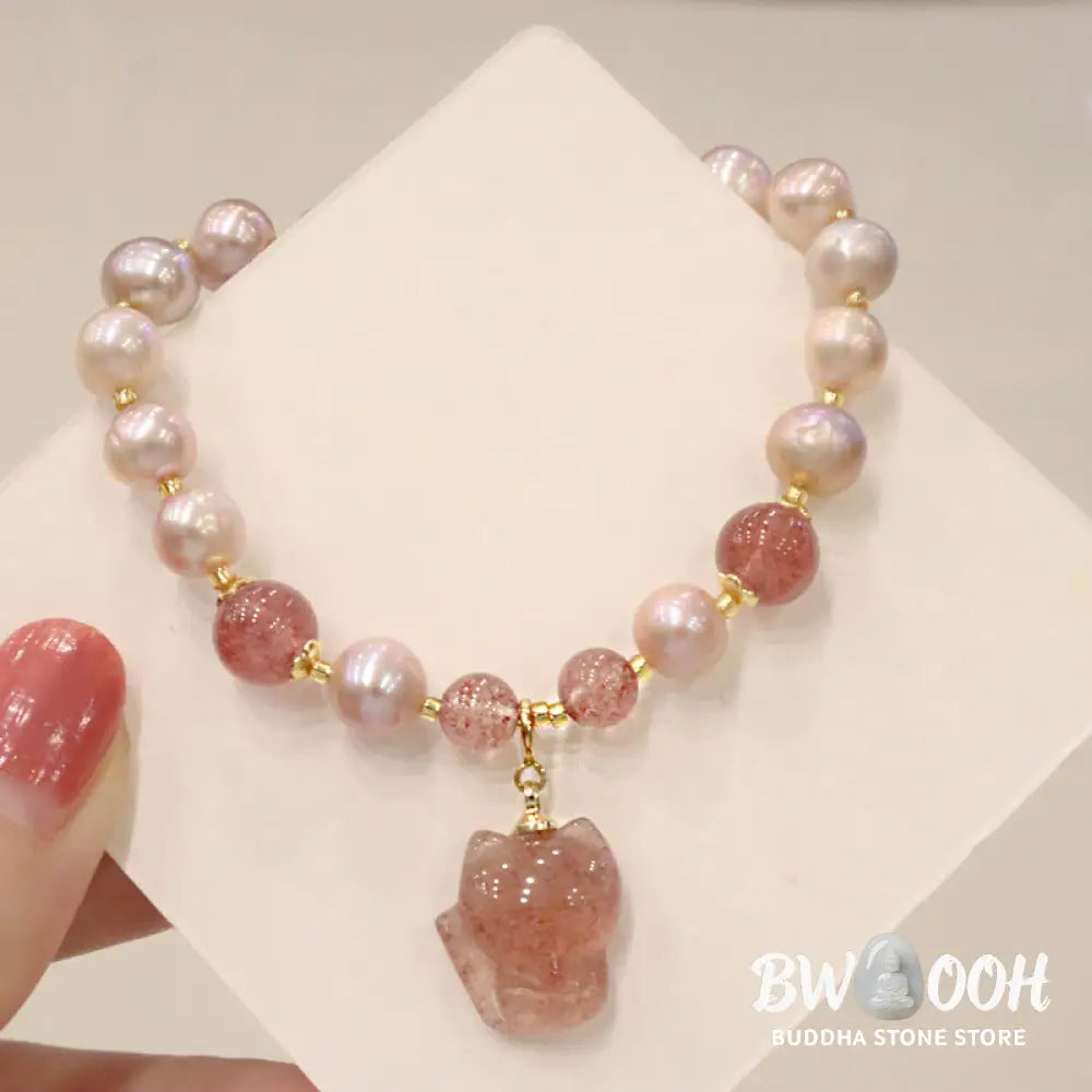 BWOOOH Natural Pearl Strawberry Quartz Cute Fox Love Healing Charm Bracelet - Pearl&amp;Strawberry Quartz - Bracelet