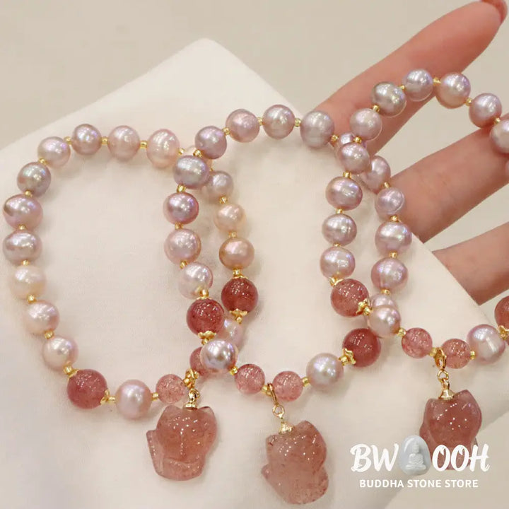 BWOOOH Natural Pearl Strawberry Quartz Cute Fox Love Healing Charm Bracelet - Pearl&amp;Strawberry Quartz - Bracelet