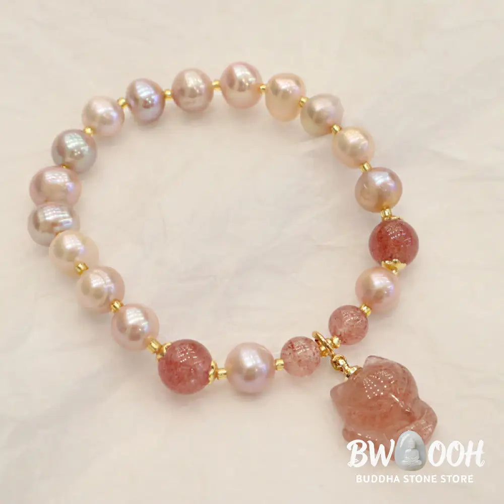 BWOOOH Natural Pearl Strawberry Quartz Cute Fox Love Healing Charm Bracelet - Pearl&amp;Strawberry Quartz - Bracelet