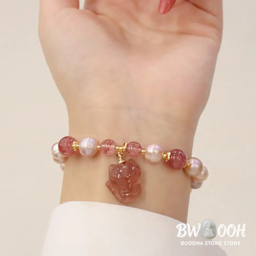 BWOOOH Natural Pearl Strawberry Quartz Cute Fox Love Healing Charm Bracelet - Pearl&amp;Strawberry Quartz - Bracelet