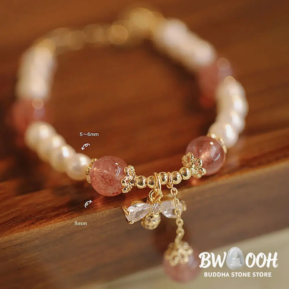 BWOOOH Natural Pearl Strawberry Quartz Healing Cute Honey Bee Charm Bracelet - Pearl&amp;Strawberry Quartz(Wrist