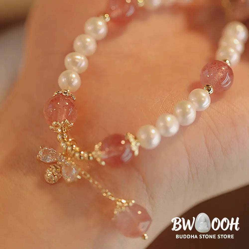 BWOOOH Natural Pearl Strawberry Quartz Healing Cute Honey Bee Charm Bracelet - Pearl&amp;Strawberry Quartz(Wrist