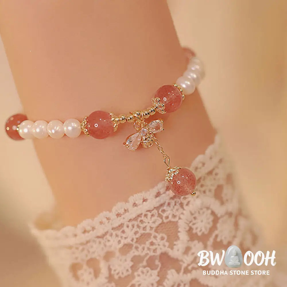 BWOOOH Natural Pearl Strawberry Quartz Healing Cute Honey Bee Charm Bracelet - Pearl&amp;Strawberry Quartz(Wrist