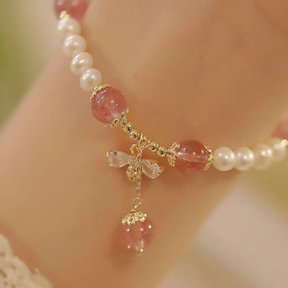 BWOOOH Natural Pearl Strawberry Quartz Healing Cute Honey Bee Charm Bracelet - Pearl&Strawberry Quartz(Wrist