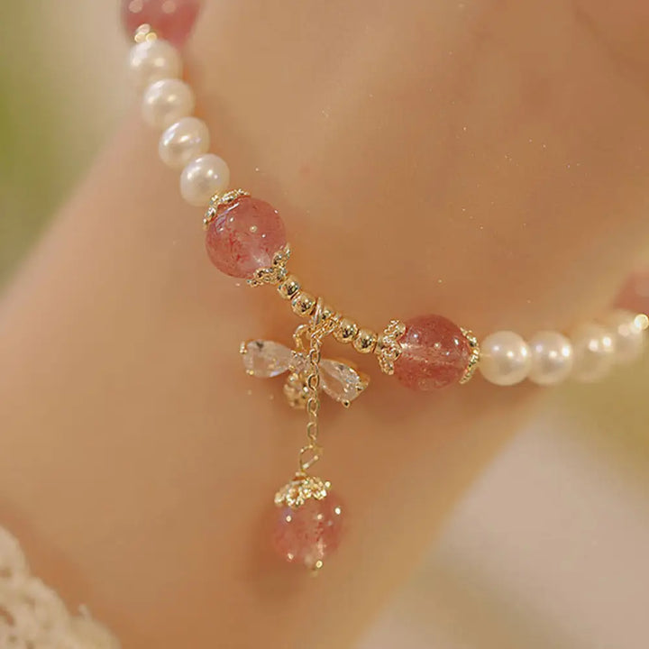 BWOOOH Natural Pearl Strawberry Quartz Healing Cute Honey Bee Charm Bracelet - Pearl&amp;Strawberry Quartz(Wrist