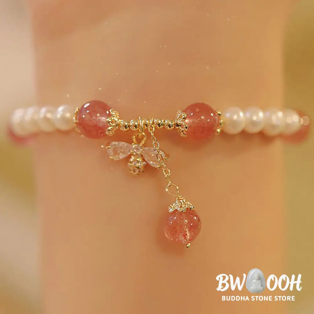 BWOOOH Natural Pearl Strawberry Quartz Healing Cute Honey Bee Charm Bracelet - Pearl&amp;Strawberry Quartz(Wrist