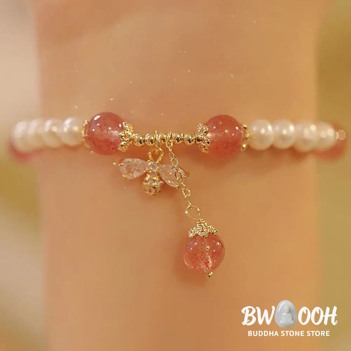 BWOOOH Natural Pearl Strawberry Quartz Healing Cute Honey Bee Charm Bracelet - Pearl&amp;Strawberry Quartz(Wrist