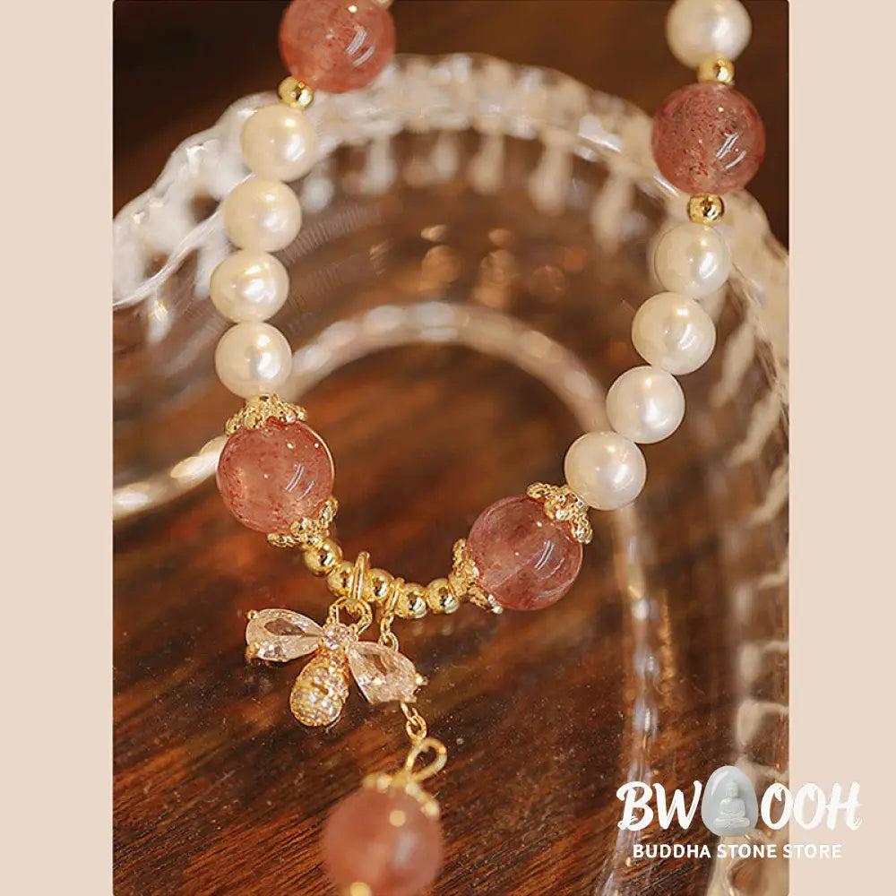 BWOOOH Natural Pearl Strawberry Quartz Healing Cute Honey Bee Charm Bracelet - Pearl&amp;Strawberry Quartz(Wrist