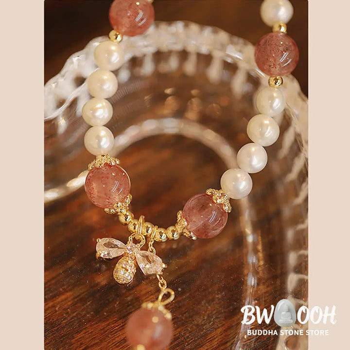 BWOOOH Natural Pearl Strawberry Quartz Healing Cute Honey Bee Charm Bracelet - Pearl&amp;Strawberry Quartz(Wrist
