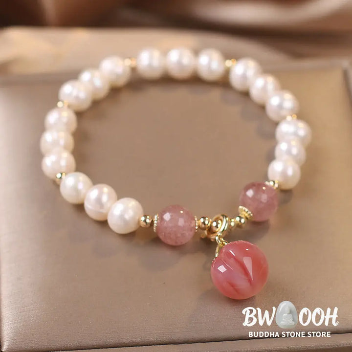 BWOOOH Natural Pearl Strawberry Quartz Peach Love Heart Wisdom Charm Bracelet - Pearl&amp;Strawberry Quartz