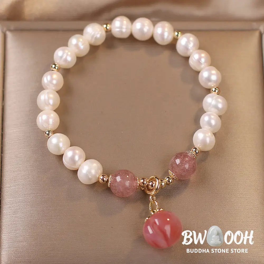 BWOOOH Natural Pearl Strawberry Quartz Peach Love Heart Wisdom Charm Bracelet - Pearl&Strawberry Quartz