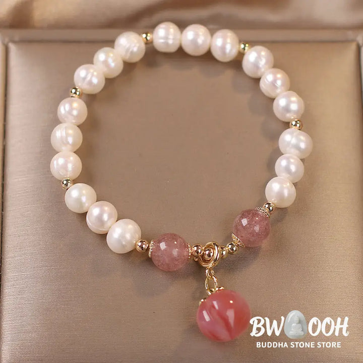 BWOOOH Natural Pearl Strawberry Quartz Peach Love Heart Wisdom Charm Bracelet - Pearl&amp;Strawberry Quartz