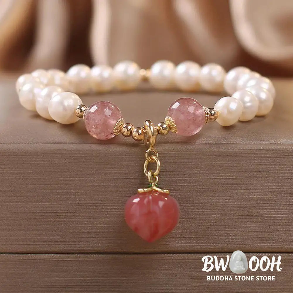 BWOOOH Natural Pearl Strawberry Quartz Peach Love Heart Wisdom Charm Bracelet - Pearl&amp;Strawberry Quartz