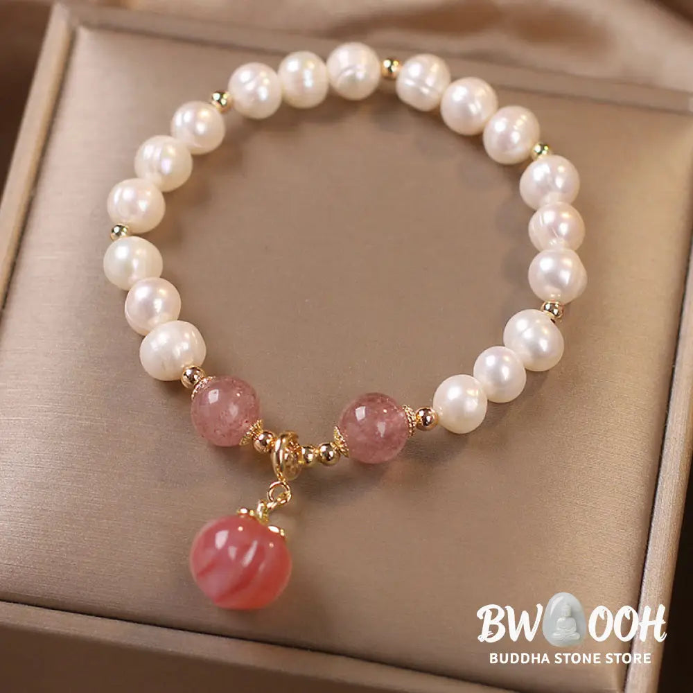 BWOOOH Natural Pearl Strawberry Quartz Peach Love Heart Wisdom Charm Bracelet - Pearl&amp;Strawberry Quartz