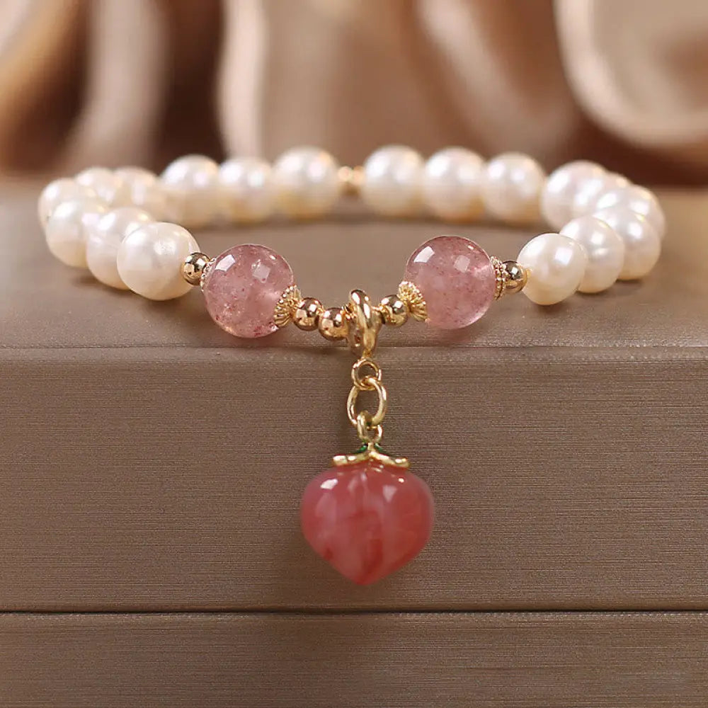 BWOOOH Natural Pearl Strawberry Quartz Peach Love Heart Wisdom Charm Bracelet - Pearl&Strawberry Quartz