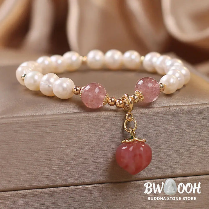 BWOOOH Natural Pearl Strawberry Quartz Peach Love Heart Wisdom Charm Bracelet - Pearl&amp;Strawberry Quartz