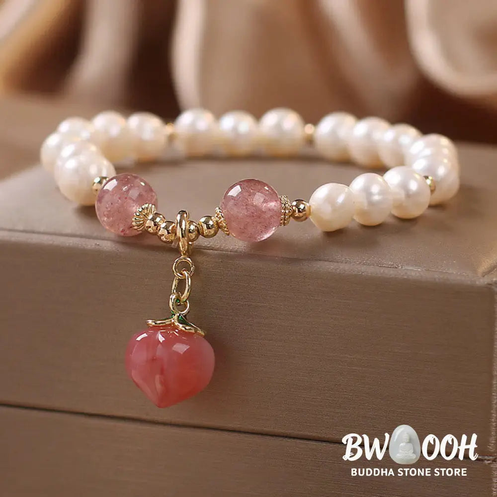 BWOOOH Natural Pearl Strawberry Quartz Peach Love Heart Wisdom Charm Bracelet - Pearl&amp;Strawberry Quartz