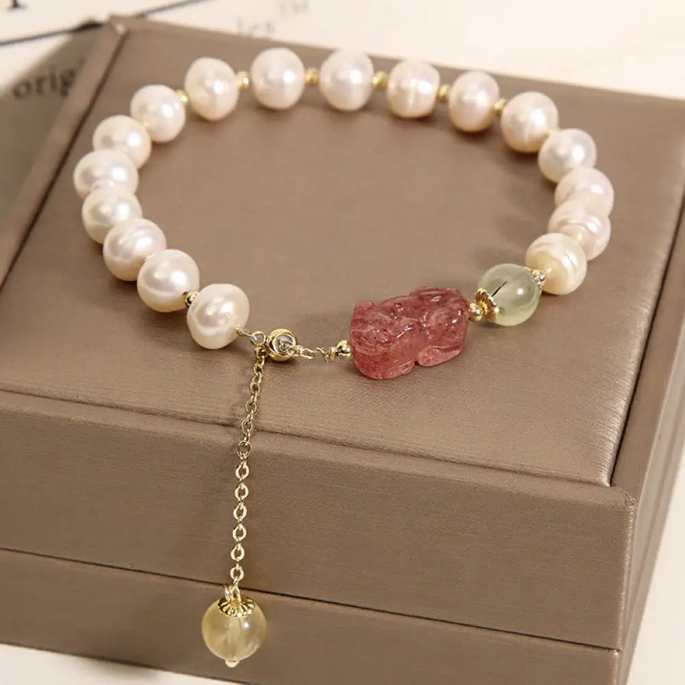 BWOOOH Natural Pearl Strawberry Quartz PiXiu Optimism Charm Bracelet | spiritual healing bracelet