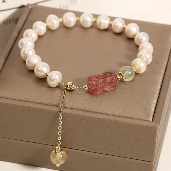 BWOOOH Natural Pearl Strawberry Quartz PiXiu Optimism Charm Bracelet | spiritual healing bracelet