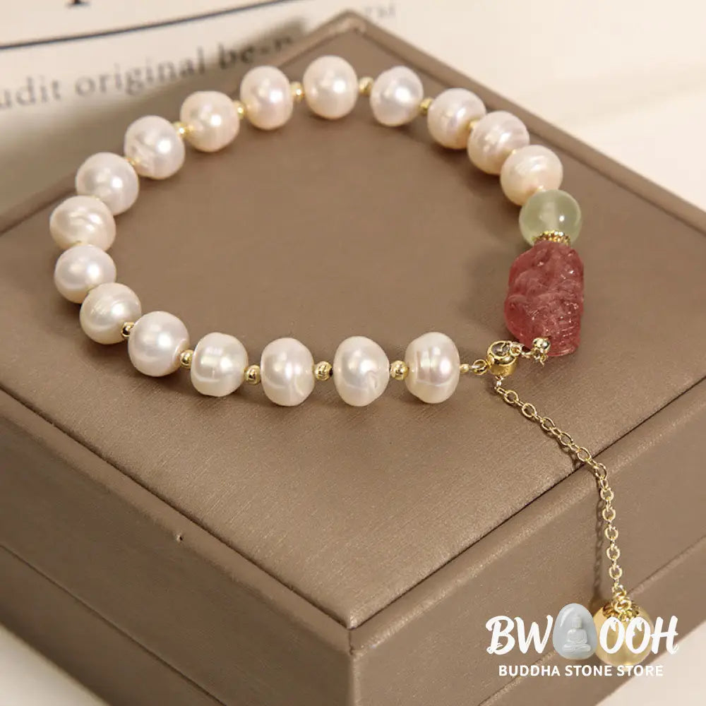 BWOOOH Natural Pearl Strawberry Quartz PiXiu Optimism Charm Bracelet | spiritual healing bracelet