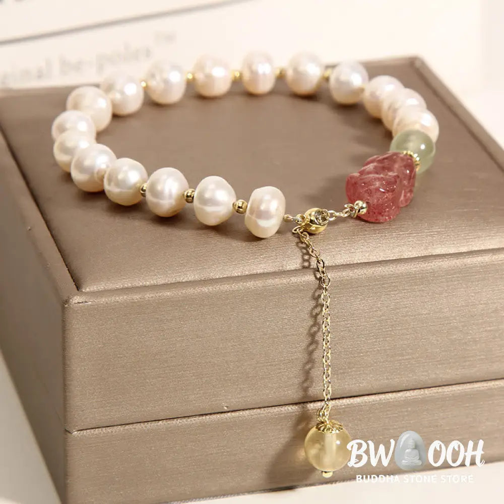 BWOOOH Natural Pearl Strawberry Quartz PiXiu Optimism Charm Bracelet | spiritual healing bracelet