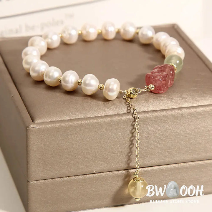 BWOOOH Natural Pearl Strawberry Quartz PiXiu Optimism Charm Bracelet | spiritual healing bracelet