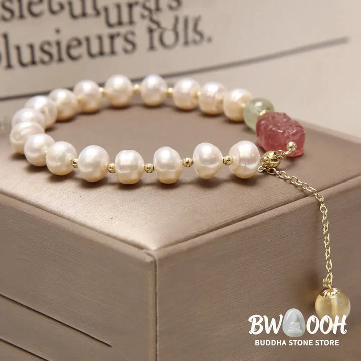 BWOOOH Natural Pearl Strawberry Quartz PiXiu Optimism Charm Bracelet | spiritual healing bracelet