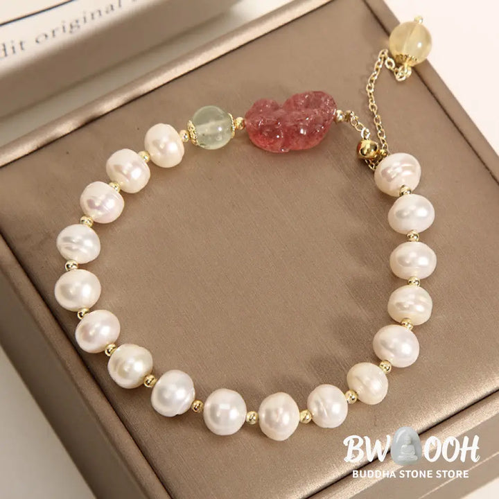 BWOOOH Natural Pearl Strawberry Quartz PiXiu Optimism Charm Bracelet | spiritual healing bracelet